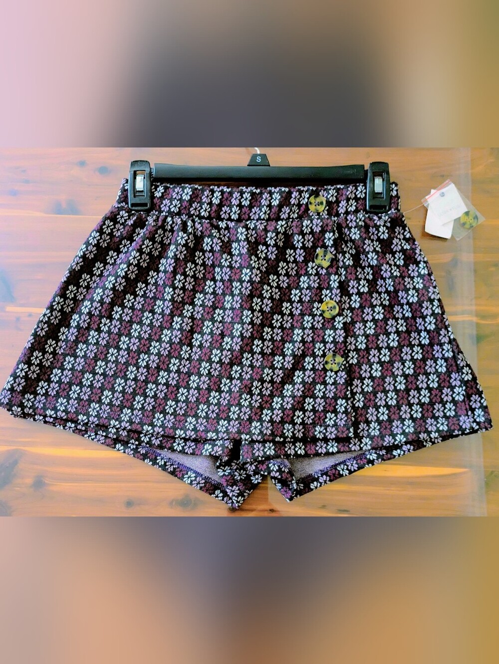 Ultra Flirt Black and Purple Floral Button Skort-Style Shorts Sz S